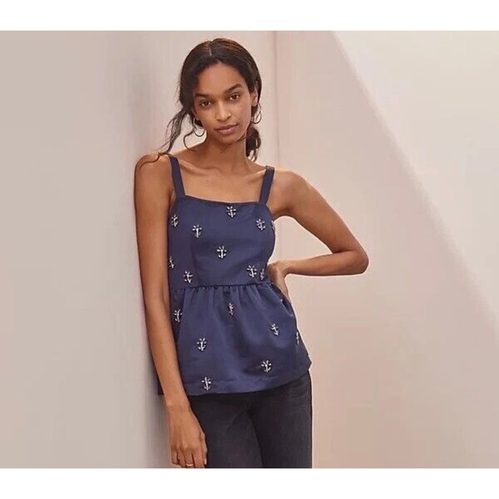 Anthropologie Dhruv Kapoor Navy Embellished Satin Top Crystal Floral NWT L